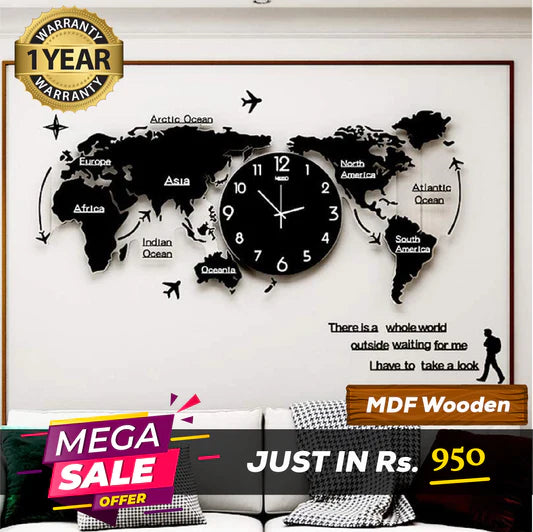 World Map Wooden Wall Clock for Home and Office